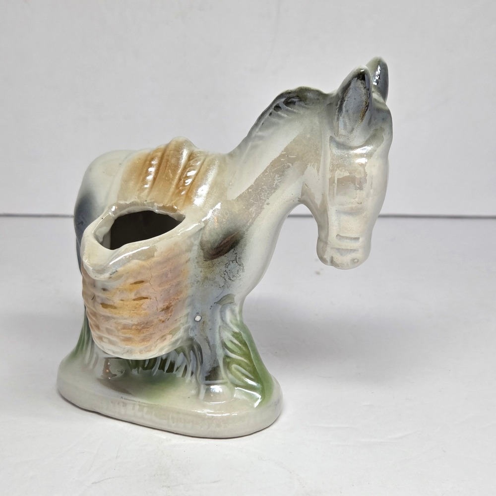 Vintage Ceramic Donkey Planter Made in Brazil Figural Succulent Pot Grey Brown